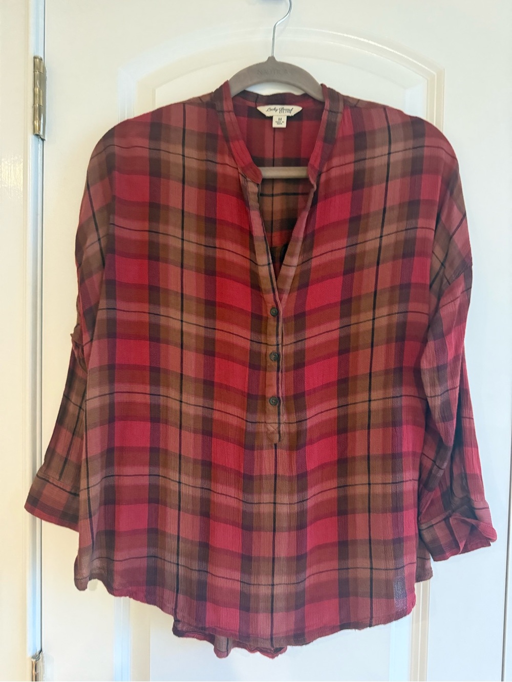 Lucky Brand Red and Brown Plaid Button Front Tunic, M, EUC